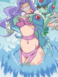 Rule 34 | 00s, 2girls, bad anatomy, blush, breasts, cleavage, clothing cutout, digimon, digimon frontier, fairimon, female focus, frog girl, garter belt, gloves, grabbing, grabbing another&#039;s breast, grabbing from behind, helmet, large breasts, long hair, monster girl, multiple girls, naughty face, navel, navel cutout, one-piece swimsuit, open mouth, pointy ears, purple hair, ranamon, red eyes, shoulder pads, swimsuit, thighhighs, visor, wings, yuri