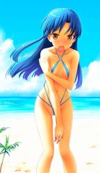 Rule 34 | 00s, 1girl, beach, blue hair, blush, brown eyes, brown hair, cloud, covering privates, covering crotch, day, embarrassed, flat chest, highres, idolmaster, idolmaster (classic), idolmaster 1, jpeg artifacts, kisaragi chihaya, leaning forward, long hair, navel, non-web source, ocean, open mouth, outdoors, palm tree, partially visible vulva, pretzel bikini, skindentation, sky, slingshot swimsuit, solo, swimsuit, takayaki, tree, water, wind
