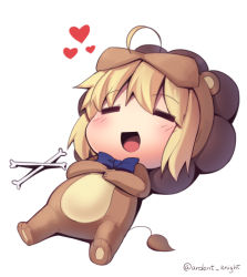 Rule 34 | 1girl, :d, = =, ahoge, animal costume, artoria pendragon (all), artoria pendragon (fate), blonde hair, blue bow, blue bowtie, boa (brianoa), bone, bow, bowtie, carnival phantasm, chibi, fate (series), heart, highres, lying, on back, open mouth, saber (fate), simple background, smile, solo, twitter username, white background