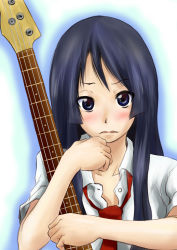 Rule 34 | 1girl, akiyama mio, bass guitar, black eyes, black hair, blush, dokyuu afro, embarrassed, female focus, frown, gradient background, highres, hime cut, holding, instrument, k-on!, long hair, necktie, open clothes, open shirt, shirt, solo