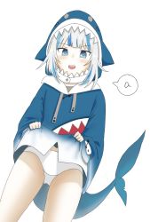 Rule 34 | 1girl, a (phrase), animal hood, blue eyes, blue hair, blue hoodie, blue sweater, blush, cowboy shot, drawstring, dutch angle, female focus, fins, fish tail, flat chest, gawr gura, grey hair, happy, hololive, hololive english, hood, hoodie, lifted by self, long sleeves, looking down, multicolored hair, open mouth, panties, pocket, rokugatsu (mutuki rokugatu), shark girl, shark hood, shark tail, sharp teeth, short hair, sidelocks, simple background, smile, solo, speech bubble, standing, streaked hair, sweater, tail, teeth, underwear, v-shaped eyebrows, virtual youtuber, white background, white panties