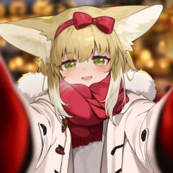 Rule 34 | 1girl, animal ear fluff, animal ears, arknights, blonde hair, blurry, blurry background, blush, bow, bow hairband, chinese commentary, coat, colored tips, commentary request, fox ears, fox girl, fur-trimmed coat, fur trim, green eyes, hair bow, hairband, highres, looking at viewer, meme, multicolored hair, open mouth, pov cheek warming (meme), red bow, red hairband, red scarf, scarf, shio (shiofeifei), solo, suzuran (arknights), two-tone hair, white coat, white hair