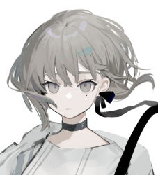 Rule 34 | 1girl, black choker, black ribbon, choker, closed mouth, commentary request, grey eyes, grey hair, grey jacket, iris yi, jacket, looking at viewer, mole, mole under eye, original, ribbon, short hair, simple background, solo, upper body, white background