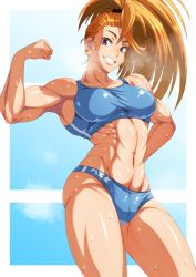 Rule 34 | 1girl, abiko zyozi, abs, bandaid, bandaid on face, brown hair, captain mizuki, earrings, flexing, grin, high ponytail, jewelry, long hair, looking at viewer, muscular, muscular female, one-punch man, panties, ponytail, smile, solo, sports bra, standing, sweat, underwear