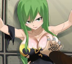 Rule 34 | 1girl, bare shoulders, grabbing another&#039;s breast, breasts, cleavage, colorized, eden&#039;s zero, gaston18, grabbing, green eyes, green hair, highres, large breasts, long hair, looking at viewer, mashima hiro, matching hair/eyes, skindentation, torn clothes, witch (eden&#039;s zero)