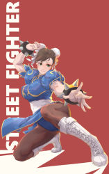 Rule 34 | 1girl, absurdres, blue dress, bracelet, breasts, brown eyes, brown hair, bun cover, capcom, china dress, chinese clothes, chun-li, closed mouth, copyright name, cross-laced footwear, double bun, dress, earrings, full body, green eyes, hair bun, highres, jewelry, medium breasts, pantyhose, pelvic curtain, puffy short sleeves, puffy sleeves, red background, sash, sazaki huangdalun, short sleeves, side slit, simple background, solo, spiked bracelet, spikes, street fighter, street fighter ii (series), white footwear