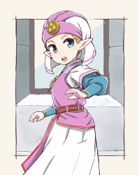 Rule 34 | 1girl, :o, belt, blonde hair, blouse, blue eyes, blue shirt, brown belt, commentary request, dress, eyebrows, female focus, from side, gem, hand up, hat, layered sleeves, long sleeves, looking to the side, nintendo, open mouth, pink shirt, pointy ears, princess, princess zelda, shirt, short hair, short over long sleeves, short sleeves, solo, standing, teeth, the legend of zelda, the legend of zelda: ocarina of time, tongue, triforce, undershirt, upper teeth only, white dress, window, yokoyoko (nazonazo), young zelda, aged down