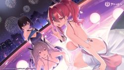 Rule 34 | 3girls, aerial fireworks, ahoge, alternate costume, anchorage (azur lane), artist request, ass, asymmetrical clothes, azur lane, backless dress, backless outfit, baltimore (azur lane), baltimore (evening breeze minuet) (azur lane), bare back, bikini, black bikini, black dress, black ribbon, blue cape, blue cloak, breasts, bremerton (azur lane), brown hair, butt crack, cape, cleavage, cloak, criss-cross halter, dress, evening gown, fireworks, grey hair, hair ribbon, halter dress, halterneck, highres, large breasts, loading screen, looking at viewer, multicolored hair, multiple girls, night, night sky, official alternate costume, official art, open mouth, outdoors, palm tree, pink hair, pool, purple eyes, purple innertube, ribbon, short hair, side cape, side slit, single-shoulder dress, single bare shoulder, sky, streaked hair, striped cape, swimsuit, tree, twintails, two-tone cape, two-tone hair, wading, white dress