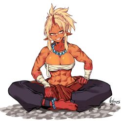Rule 34 | 1girl, abs, absurdres, ahoge, anklet, antares topaz, artist name, bandage on face, bandaged arm, bandaged wrist, bandages, bandaid, bandaid on face, bandaid on nose, bare shoulders, barefoot, bead anklet, bead necklace, beads, black nails, blonde hair, braid, breasts, budget sarashi, character request, chest sarashi, cleavage, collarbone, colored skin, commission, curvy, demon girl, demon horns, feet, fingernails, gradient skin, hairstyle request, hand on own hip, hands on own hips, head tilt, highres, horns, indian style, jewelry, large breasts, long bangs, long toenails, looking at viewer, midriff, multicolored skin, multiple anklets, multiple scars, muscular, muscular female, nail polish, navel, necklace, oni, orange skin, original, pointy ears, ponytail, red skin, sarashi, scar, scar on stomach, sharp toenails, shiny skin, signature, single horn, sitting, smile, smirk, solo, spiked hair, stone floor, tan, toenail polish, toenails, toes, toned, two-tone skin, white background, yellow eyes