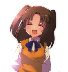 Rule 34 | 1girl, arms behind back, blue bow, blue bowtie, blush, bow, bowtie, breasts, brown hair, closed eyes, commentary request, female focus, happy, highres, itsuka neru, long sleeves, looking at viewer, medium breasts, melty blood, open mouth, shirt, sidelocks, simple background, smile, solo, tsukihime, type-moon, upper body, white background, white sleeves, yellow shirt, yumizuka satsuki