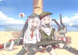 Rule 34 | = =, ?, absurdres, assault rifle, beach, blue sky, bullpup, caseless firearm, closed eyes, closed mouth, clothing cutout, cloud, crossover, day, dreaming, ferret, flat cap, frown, g11 (girls&#039; frontline), girls&#039; frontline, gun, h&amp;k g11, hair between eyes, hat, hibiki (kancolle), highres, hinbackc, horizontal magazine, jacket, kantai collection, knee pads, long hair, long sleeves, look-alike, multiple girls, ocean, open clothes, open mouth, outdoors, palm tree, pouch, rensouhou-chan, rifle, sand, scarf, scarf on head, school uniform, serafuku, shade, shirt, shorts, shoulder cutout, signature, silver hair, single knee pad, sitting, skirt, sky, sleeping, sleeping upright, thigh pouch, thigh strap, thighhighs, torpedo, tree, very long hair, weapon