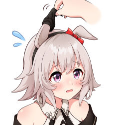 Rule 34 | 1girl, 1other, absurdres, animal ears, bare shoulders, black hairband, black jacket, blush, bow, collared dress, curren chan (umamusume), disembodied hand, dress, ear bow, ear covers, ears through headwear, flying sweatdrops, goom (goomyparty), grey hair, hair between eyes, hairband, highres, horse ears, jacket, off-shoulder jacket, off shoulder, parted lips, purple eyes, red bow, simple background, sleeveless, sleeveless dress, solo focus, striped clothes, striped dress, umamusume, upper body, vertical-striped clothes, vertical-striped dress, white background