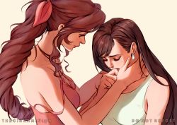 Rule 34 | 2girls, aerith gainsborough, bare arms, black hair, braid, braided ponytail, breasts, brown hair, choker, closed eyes, comforting, crying, dress, earrings, final fantasy, final fantasy vii, final fantasy vii remake, flower choker, hair behind ear, hair ribbon, hand on another&#039;s neck, hand to own mouth, jewelry, large breasts, long hair, looking at another, medium breasts, multiple girls, pink dress, pink ribbon, ribbon, shirt, sidelocks, square enix, strap slip, tears, thar chandran, tifa lockhart, upper body, wavy hair, white shirt