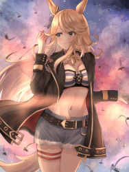 Rule 34 | 1girl, absurdres, animal ears, backlighting, bandeau, belt, black belt, black collar, blonde hair, blue eyes, blush, bow, breasts, chain, cleavage, cloud, collar, commentary request, cowboy shot, cutoffs, denim, denim shorts, ear bow, ear ornament, gloves, gold chain, gold city (umamusume), gradient sky, groin, hair between eyes, hand up, highres, horse ears, horse girl, horse tail, jacket, large breasts, lens flare, long hair, long sleeves, looking to the side, midriff, navel, open clothes, open jacket, outdoors, parted lips, partial commentary, satesate4, short shorts, shorts, sidelocks, single glove, sky, solo, standing, striped bandeau, sunset, swept bangs, tail, thigh strap, twitter username, umamusume, white gloves