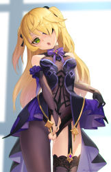 Rule 34 | 1girl, absurdres, bare shoulders, blonde hair, blush, bodystocking, bow, breasts, chuunibyou, cleft of venus, eyepatch, fischl (genshin impact), garter straps, genshin impact, gloves, green eyes, hair over one eye, has bad revision, has censored revision, head tilt, highres, long hair, looking at viewer, pjman, purple bow, purple neckwear, pussy, pussy cutout, pussy juice, single glove, single leg pantyhose, single thighhigh, small breasts, solo, thighhighs, thighs, torn clothes, torn thighhighs, two side up, uncensored