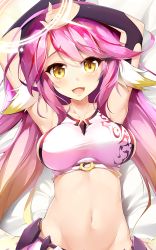 Rule 34 | 1girl, armpits, bed sheet, blush, breasts, bridal gauntlets, spiked halo, crop top, dakimakura (medium), gloves, gradient hair, halo, happy, highres, jibril (no game no life), large breasts, long hair, lying, magic circle, midriff, multicolored hair, navel, no game no life, on back, open mouth, pink hair, shuffle (songdatiankong), smile, solo, source request, stomach, very long hair, wing ears, yellow eyes