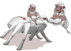 Rule 34 | 1girl, absurdres, alcohol, arachne, arthropod girl, breasts, carapace, cleavage, cup, dark-skinned female, dark skin, full body, highres, holding, holding cup, insect girl, juniper (artist), large breasts, long hair, monster girl, multiple views, original, red eyes, sharp teeth, simple background, smile, spider girl, taur, teeth, white background, white fur, white hair, wine