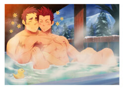 Rule 34 | 2boys, abs, bara, black hair, blush, character request, closed eyes, closed mouth, completely nude, copyright request, couple, cross scar, large pectorals, male focus, multiple boys, muscular, muscular male, nipples, nude, pectorals, red hair, rubber duck, scar, scar on chest, short hair, smile, sudo (sudo kurokawa), water, yaoi