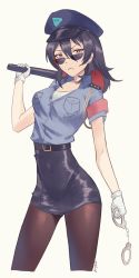 Rule 34 | 1girl, absurdres, alternate costume, ark ford, armband, baton, belt, black hair, brown pantyhose, colored inner hair, cosplay, cowboy shot, cuffs, enma-chan, epaulettes, gloves, grey background, handcuffs, hat, high-waist skirt, highres, holding, holding handcuffs, hololive, hololive english, logo, long hair, looking at viewer, looking over eyewear, looking over glasses, multicolored hair, open clothes, open shirt, pantyhose, partially unbuttoned, pencil skirt, police, police hat, police uniform, policewoman, red eyes, signature, skirt, solo, sunglasses, tinted eyewear, two-tone hair, uniform, virtual youtuber, white gloves