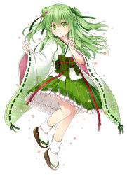 Rule 34 | 1girl, floral print, flower, full body, green eyes, green hair, green skirt, hair flower, hair ornament, hair ribbon, highres, japanese clothes, long hair, matching hair/eyes, mise yuzuki, open mouth, original, pleated skirt, ribbon, ribbon-trimmed sleeves, ribbon trim, sandals, sash, skirt, solo, tabi, two side up, wide sleeves