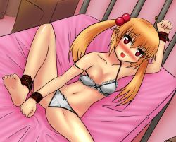 Rule 34 | 10s, 1girl, barefoot, bdsm, bed frame, blonde hair, blush, bondage, bound, bra, breast slip, breasts, cuffs, doumyouji sakura (kitakubu), frilled bra, frilled panties, frills, full-face blush, hair bobbles, hair ornament, handcuffs, heart, heart-shaped pupils, highres, insight, kitakubu katsudou kiroku, long hair, navel, nipples, off shoulder, one breast out, panties, red eyes, shiny skin, small breasts, soles, solo, strap slip, symbol-shaped pupils, toes, twintails, underwear, underwear only, wrists to ankles