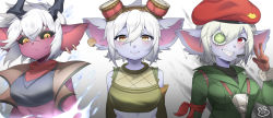 Rule 34 | 3girls, absurdres, bare shoulders, black sclera, blush, breasts, closed mouth, colored sclera, colored skin, earrings, fang, gloves, goggles, goggles on head, gradient hair, green jacket, grey hair, grin, hair between eyes, highres, horns, jacket, jewelry, large breasts, league of legends, little demon tristana, multicolored hair, multiple girls, multiple persona, omega squad tristana, orange eyes, pink skin, red gloves, red headwear, red skin, sharp teeth, short hair, slit pupils, smile, teeth, tristana, upper body, white hair, yandere rabbit, yordle