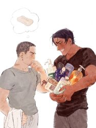 Rule 34 | 2boys, black eyes, black hair, black shirt, bottle, brown hair, chengongzi123, covering own mouth, dark-skinned male, dark skin, deodorant, facial hair, goatee stubble, golden kamuy, grey pants, grey shirt, grin, hand over own mouth, hand up, hands up, highres, holding, holding towel, koito otonoshin, looking at another, looking at object, male focus, multiple boys, pants, perfume bottle, shirt, short hair, simple background, smile, soap, soap bottle, standing, stubble, t-shirt, thinking, thought bubble, towel, tsukishima hajime, upper body, very short hair, white background