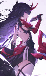 Rule 34 | 1girl, ahoge, arm armor, armor, armpit crease, back, backless outfit, bare back, black dress, black gloves, breasts, bright pupils, closed mouth, commentary request, cowboy shot, dress, electricity, eye trail, from behind, gloves, glowing, glowing sword, glowing weapon, gradient background, hair ornament, highres, holding, holding sword, holding weapon, honkai (series), honkai impact 3rd, horns, infinity (kkx132), katana, light trail, looking at viewer, medium breasts, pauldrons, profile, purple background, purple eyes, purple hair, raiden mei, raiden mei (herrscher of thunder), red horns, shoulder armor, sidelocks, solo, spine, standing, sword, symbol-shaped pupils, thighhighs, thighs, weapon, white background, white pupils, white thighhighs