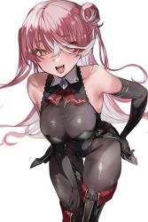Rule 34 | 1girl, absurdres, bare shoulders, black gloves, black thighhighs, blush, boots, breasts, cleavage, elbow gloves, funyo (masa), gloves, hair bun, heterochromia, highres, hololive, houshou marine, houshou marine (marching band), large breasts, long hair, looking at viewer, open mouth, pink hair, red eyes, see-through, see-through cleavage, simple background, smile, thigh boots, thighhighs, thighs, virtual youtuber, white background, yellow eyes