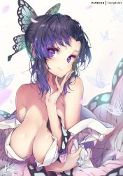 Rule 34 | 1girl, artist name, bare shoulders, blush, breasts, bug, butterfly, butterfly hair ornament, cleavage, collarbone, hair ornament, hong (white spider), insect, japanese clothes, kimetsu no yaiba, kimono, kochou shinobu, large breasts, looking at viewer, off shoulder, parted bangs, purple eyes, purple hair, short hair, sidelocks, signature, smile, solo, white kimono