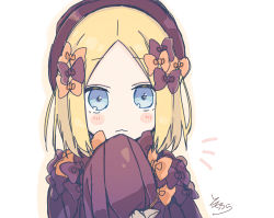 Rule 34 | 1girl, abigail williams (fate), alternate hair length, alternate hairstyle, black bow, black dress, black hat, blonde hair, blue eyes, blush stickers, bow, closed mouth, dress, fate/grand order, fate (series), forehead, hair bow, hand up, hat, highres, long sleeves, looking at viewer, notice lines, orange bow, parted bangs, signature, sleeves past fingers, sleeves past wrists, sofra, solo, upper body, white background