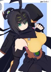 Rule 34 | 1girl, ahoge, bare shoulders, black hair, breasts, carrying over shoulder, clothes around waist, duel monster, elbow gloves, forehead protector, gloves, green eyes, highres, jacket, jacket around waist, large breasts, meda otoko, ponytail, s-force rappa chiyomaru, s:p little knight, shirt, sleeveless, sleeveless shirt, smile, solo, twitter username, yu-gi-oh!