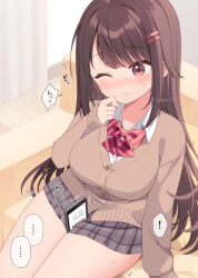 Rule 34 | !, 1girl, ^^^, artist name, blush, bow, bowtie, breasts, brown cardigan, brown hair, cardigan, cellphone, closed mouth, fang, grey eyes, hair ornament, hairclip, hand to own mouth, large breasts, long hair, looking at viewer, mao-chan (uramakaron), nose blush, notice lines, one eye closed, original, paid reward available, phone, plaid, plaid skirt, red bow, red bowtie, red pupils, shirt, simple background, sitting, skin fang, skirt, solo, spoken exclamation mark, sweatdrop, thighs, translation request, uniform, uramakaron, white shirt