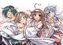 Rule 34 | 10s, 4girls, :d, ;), ahoge, aqua eyes, armpits, bespectacled, black hair, blue hair, blush, boots, brown eyes, brown hair, detached sleeves, frilled skirt, frills, glasses, hairband, haruna (kancolle), heart, hiei (kancolle), japanese clothes, kantai collection, kirishima (kancolle), kongou (kancolle), looking at viewer, multiple girls, nontraditional miko, one eye closed, open mouth, pantyhose, personification, red eyes, ribbon-trimmed sleeves, ribbon trim, siblings, sisters, skirt, smile, syuutu, thigh boots, thighhighs, wide sleeves, wink
