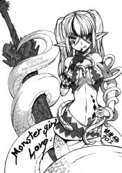 Rule 34 | 1girl, bare shoulders, blush, breasts, cleavage, echidna (monster girl encyclopedia), eyepatch, facial mark, gloves, kenkou cross, lamia, licking lips, long hair, looking at viewer, markings, midriff, monochrome, monster girl, monster girl encyclopedia, navel, pointy ears, single glove, snake, solo, sword, tail, text focus, tongue, tongue out, watermark, weapon, web address
