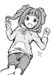 Rule 34 | 1girl, dated, feet out of frame, greyscale, hands up, hood, hoodie, idolmaster, idolmaster (classic), kawaseki, long hair, looking at viewer, monochrome, open mouth, shorts, simple background, sketch, smile, solo, takatsuki yayoi, twintails