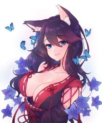 Rule 34 | 1girl, animal ear fluff, animal ears, azur lane, black hair, black kimono, blue eyes, blue flower, breasts, bug, butterfly, cat ears, cleavage, closed mouth, collarbone, commentary request, flower, fusou (azur lane), hair between eyes, head tilt, highres, insect, japanese clothes, kimono, large breasts, long hair, long sleeves, looking at viewer, shichijou natori, simple background, smile, solo, swept bangs, white background, wide sleeves