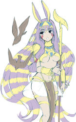 Rule 34 | 1girl, animal ears, breasts, dark skin, fate/grand order, fate (series), hairband, jewelry, multicolored hair, navel, nitocris (fate), open mouth, purple eyes, purple hair, skirt, staff, tattoo, very long hair, weapon