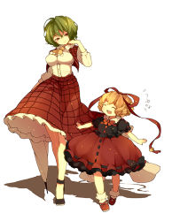 Rule 34 | 2girls, ascot, bad id, bad pixiv id, blonde hair, bow, breasts, closed umbrella, closed eyes, female focus, green hair, hair ribbon, hand in own hair, height difference, kazami yuuka, large breasts, medicine melancholy, multiple girls, open clothes, open mouth, open vest, outstretched arms, pink usagi, puffy sleeves, red eyes, ribbon, shirt, short hair, short sleeves, skirt, skirt set, smile, touhou, umbrella, vest, walking
