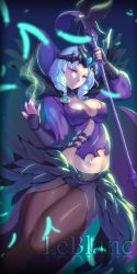 Rule 34 | 1girl, alternate costume, alternate hair color, dakun, facial mark, feathers, gradient background, highres, league of legends, leblanc (league of legends), looking at viewer, magic, navel, pantyhose, parted lips, purple eyes, ravenborn leblanc, solo, staff, tiara, white hair