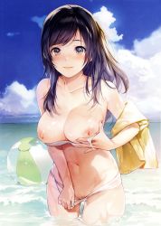 Rule 34 | 1girl, absurdres, ball, bare shoulders, beach, beachball, bikini, bikini pull, black hair, blue sky, breast hold, breasts, breasts out, brown eyes, cleavage, clothes pull, cloud, cowboy shot, cropped, day, flashing, groin, highres, horizon, large breasts, long hair, looking at viewer, navel, nipples, ocean, open mouth, outdoors, parted lips, scan, sky, smile, solo, souji hougu, swept bangs, swimsuit, toranoana, towel, undressing, wading, white bikini