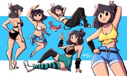 Rule 34 | 1girl, armpits, asymmetrical legwear, barefoot, belt, bikini, bikini top only, black belt, black choker, black eyes, black footwear, black hair, black one-piece swimsuit, black pants, black thighhighs, blue shorts, borrowed character, bra, breasts, camisole, choker, cleavage, crab, dated, hand on own hip, highres, lucia (scott malin), medium breasts, medium hair, midriff, multiple views, navel, one-piece swimsuit, original, pants, parted lips, shoes, shorts, signature, smile, striped clothes, striped thighhighs, swimsuit, thighhighs, trent osaki, underwear, v, white bikini, white bra, white footwear, yellow camisole