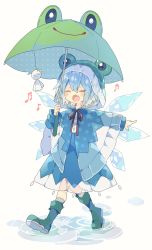 Rule 34 | 1girl, beamed sixteenth notes, blue hair, blush, boots, buttons, cirno, detached wings, eighth note, closed eyes, fairy, fang, full body, green footwear, green umbrella, hair between eyes, highres, holding, holding umbrella, ice, ice wings, long sleeves, musical note, nikorashi-ka, open mouth, red ribbon, ribbon, rubber boots, short hair, smile, solo, teruterubouzu, touhou, umbrella, wings