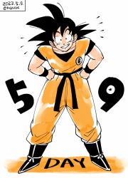Rule 34 | +++, 1boy, 2023, ankle boots, bent over, black eyes, black footwear, black hair, black sash, black shirt, black theme, black wristband, boots, clenched hand, clenched hands, clothes writing, collarbone, commentary, dated, dougi, dragon ball, dragonball z, full body, grin, hair between eyes, hair strand, hands on own hips, happy, highres, legs apart, limited palette, looking at viewer, male focus, obi, orange pants, orange shirt, orange theme, pants, sash, shirt, short sleeves, simple background, smile, son goku, spiked hair, standing, tareme, teeth, tkgsize, twitter username, undershirt, white background, wide-eyed, wristband