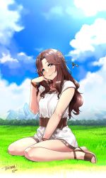 Rule 34 | 1girl, ariura kanna, between legs, blue sky, blush, breasts, brown eyes, brown hair, brown sash, closed mouth, cloud, cloudy sky, commission, dot nose, flower, grass, hair flower, hair ornament, hand between legs, hand up, head tilt, highres, idolmaster, idolmaster cinderella girls, looking at viewer, medium breasts, outdoors, robe, sash, short sleeves, signature, sitting, skeb commission, sky, smile, solo, tachibana roku, wariza, white robe, wristband
