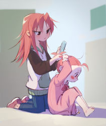 Rule 34 | 2girls, age difference, aged down, backlighting, bad id, bad pixiv id, barefoot, blurry, blurry background, blush, blush stickers, brush, brushing another&#039;s hair, brushing hair, child, denim, dress, full body, furrowed brow, half-closed eyes, hands on own head, hands up, high ponytail, holding, holding brush, hood, hood down, hooded jacket, hoodie, indoors, jacket, jeans, kneeling, long hair, looking down, mahou shoujo madoka magica, mahou shoujo madoka magica (anime), multiple girls, pain, pants, parted lips, pink dress, pink sailor collar, ponytail, red eyes, red hair, sailor collar, sailor dress, sakura kyoko, sakura momo, shaded face, she li (lynxm), shoes, siblings, sisters, sneakers, tears, toe scrunch
