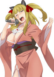 Rule 34 | 1girl, animal ears, between breasts, blonde hair, breasts, cat ears, hamushima, large breasts, long hair, magical grim, microphone, open mouth, original, red eyes, simple background, solo, white background