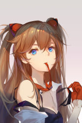 Rule 34 | 1girl, bare shoulders, blue eyes, breasts, brown hair, chinese commentary, crossover, gloves, gradient background, hair between eyes, hair ornament, half gloves, hand up, highres, honkai (series), honkai impact 3rd, in mouth, long hair, looking at viewer, medium breasts, necktie, neon genesis evangelion, off-shoulder shirt, off shoulder, red gloves, red necktie, shirt, simple background, solo, souryuu asuka langley, taichi (yirkorn), twintails, upper body