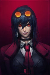 Rule 34 | 1girl, alucard (hellsing), black hair, breasts, cross, cross earrings, earrings, genderswap, genderswap (mtf), goggles, hellsing, jewelry, long hair, looking at viewer, red eyes, signature, smile, solo, upper body, zeronis