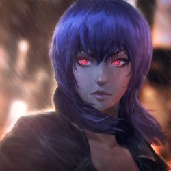 Rule 34 | 1girl, black jacket, blue hair, blurry, depth of field, eyelashes, ghost in the shell, jacket, kusanagi motoko, lips, long hair, looking away, md5 mismatch, night, outdoors, portrait, raikoart, rain, red eyes, resized, resolution mismatch, signature, solo, source larger, wet